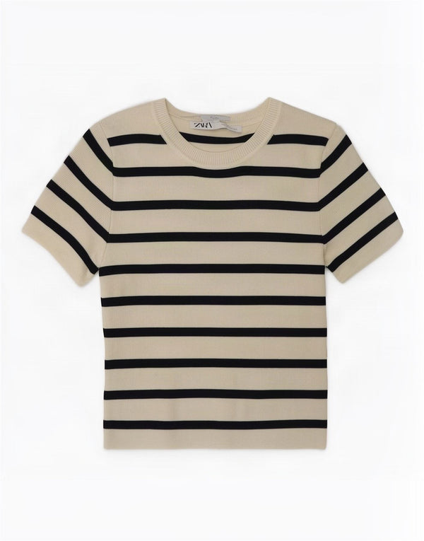 Zara Womens Crop Top UK 12 Médio Listrado Branco
