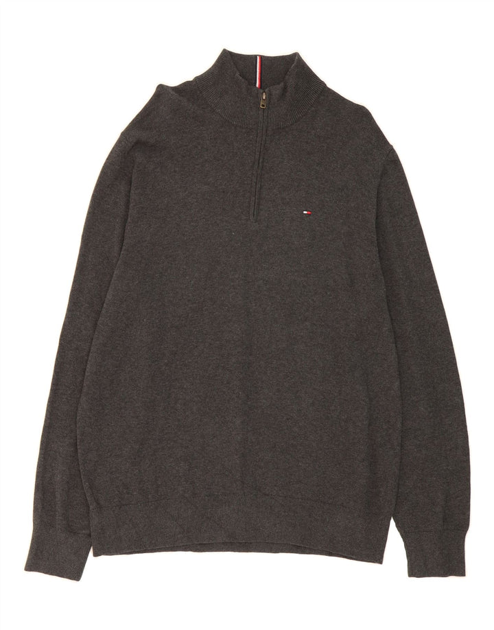 TOMMY HILFIGER Mens Zip Neck Jumper Sweater XL Grey Cotton Vintage Tommy Hilfiger and Second-Hand Tommy Hilfiger from Messina Hembry 