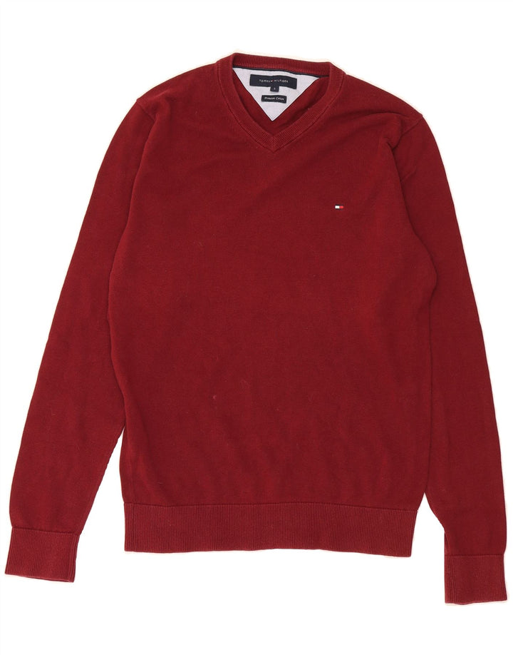 TOMMY HILFIGER Mens V-Neck Jumper Sweater Small Burgundy Cotton Vintage Tommy Hilfiger and Second-Hand Tommy Hilfiger from Messina Hembry 