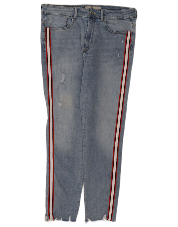Zara Jeans feminino slim desgastado UE 42 grande W32 L26 algodão azul