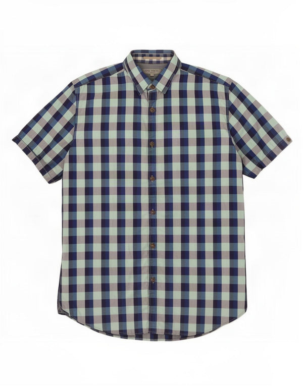 Camisa masculina de manga curta Ted Baker tamanho 4 grande algodão guingão azul