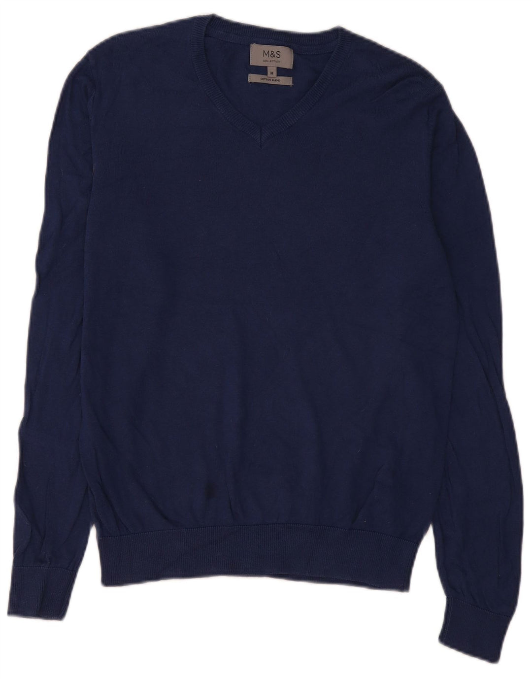 Suéter masculino Marks & Spencer com decote em V, algodão azul marinho médio