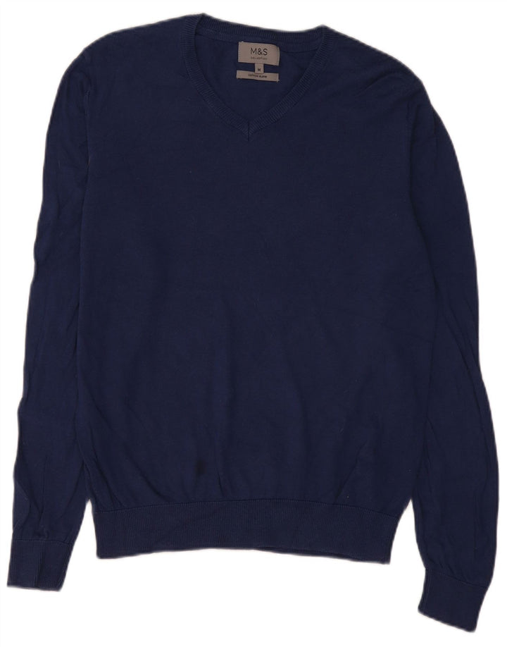 Suéter masculino Marks & Spencer com decote em V, algodão azul marinho médio