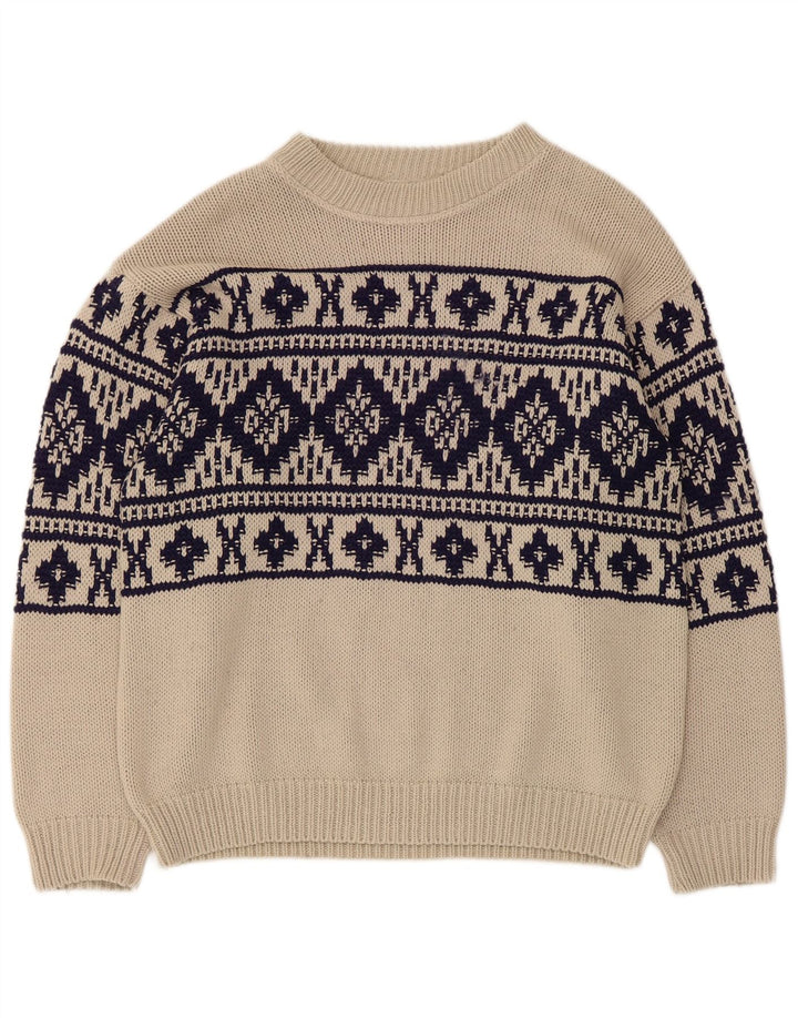 Suéter masculino vintage com gola canoa médio bege Fair Isle