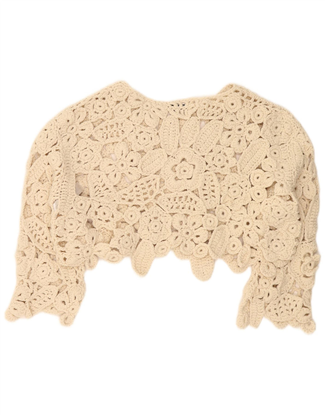 Zara blusa feminina de crochê manga 3/4 grande tamanho Reino Unido 14 médio bege