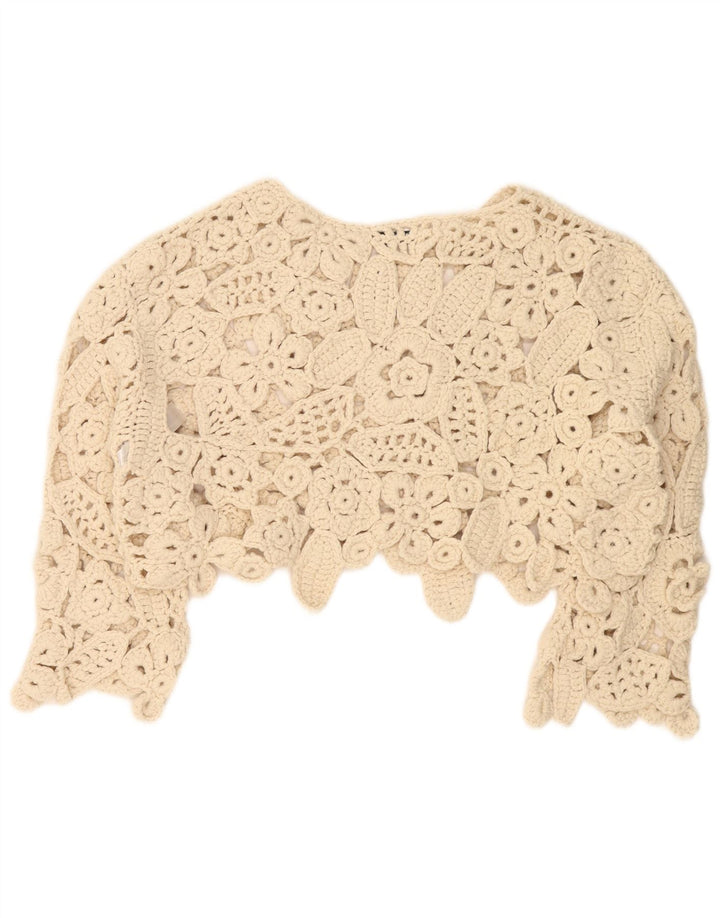 Zara blusa feminina de crochê manga 3/4 grande tamanho Reino Unido 14 médio bege