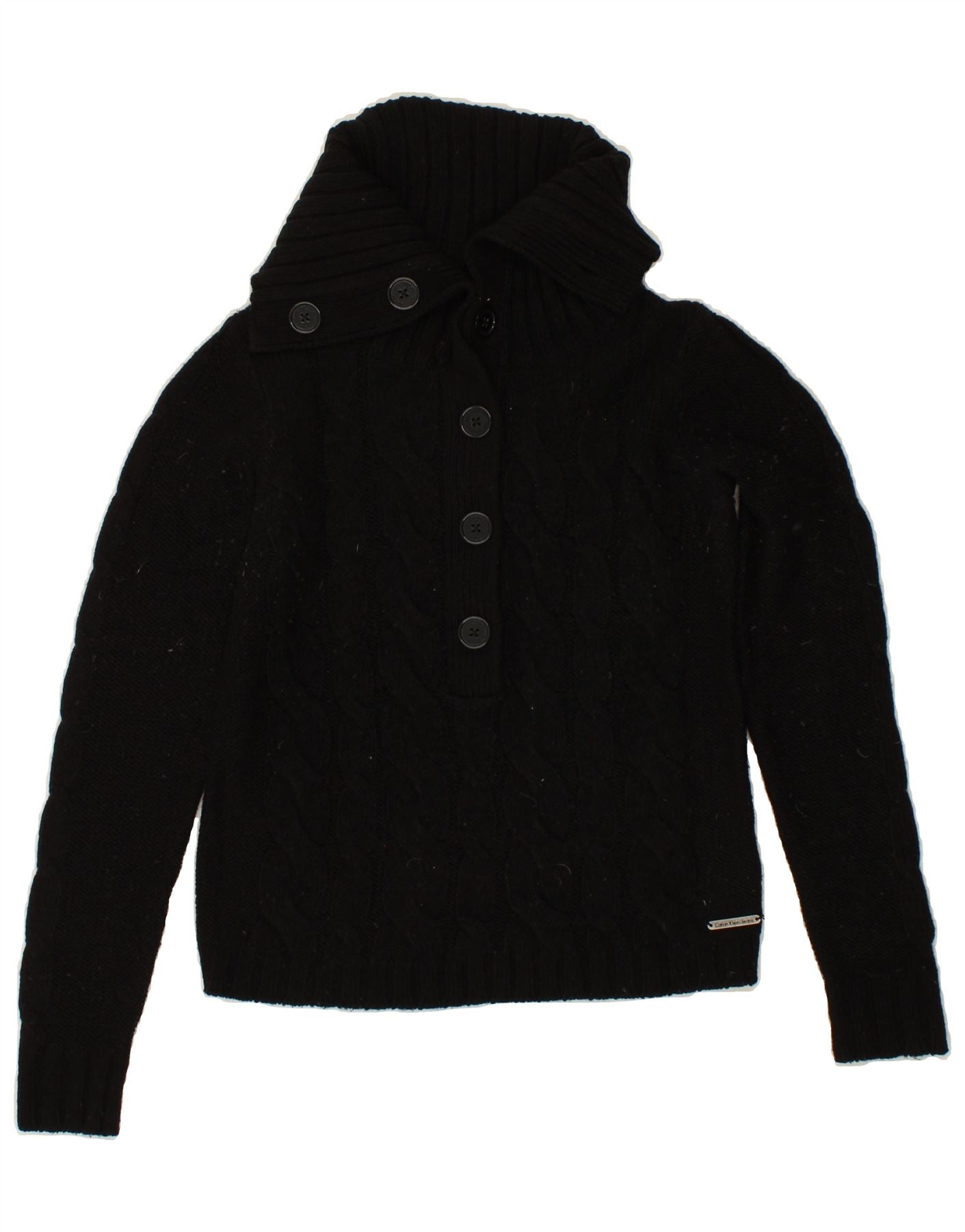 CALVIN KLEIN JEANS Womens Button Neck Jumper Sweater UK 12 Medium Black Vintage Calvin Klein Jeans and Second-Hand Calvin Klein Jeans from Messina Hembry 