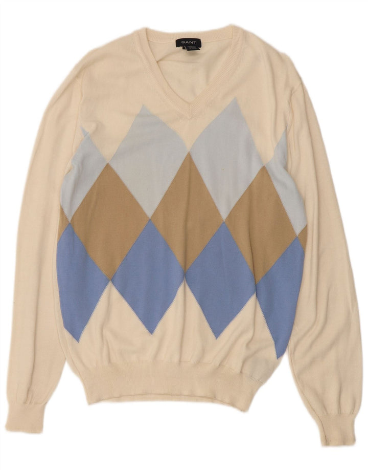 Suéter masculino Gant com decote em V médio branco Argyle/algodão diamante
