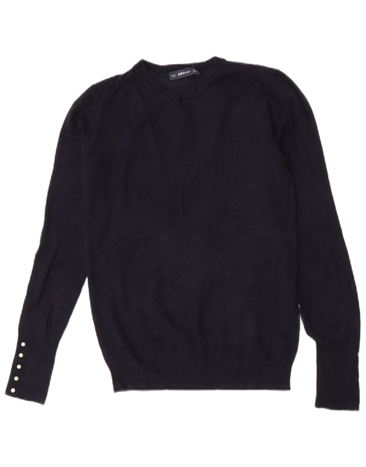Suéter feminino Zara com gola redonda e viscose azul marinho médio UK 12