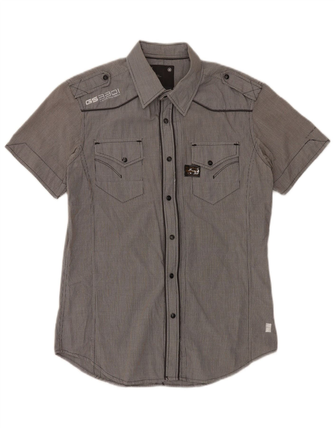 Camisa militar masculina de manga curta G-Star algodão guingão cinza médio