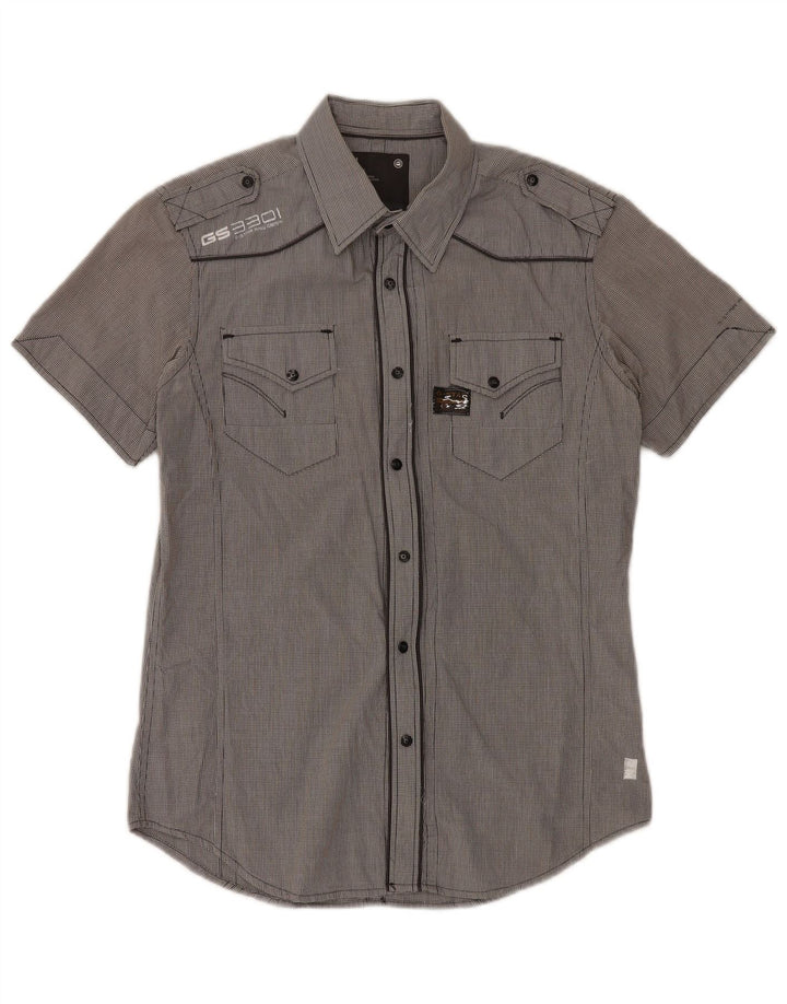 Camisa militar masculina de manga curta G-Star algodão guingão cinza médio