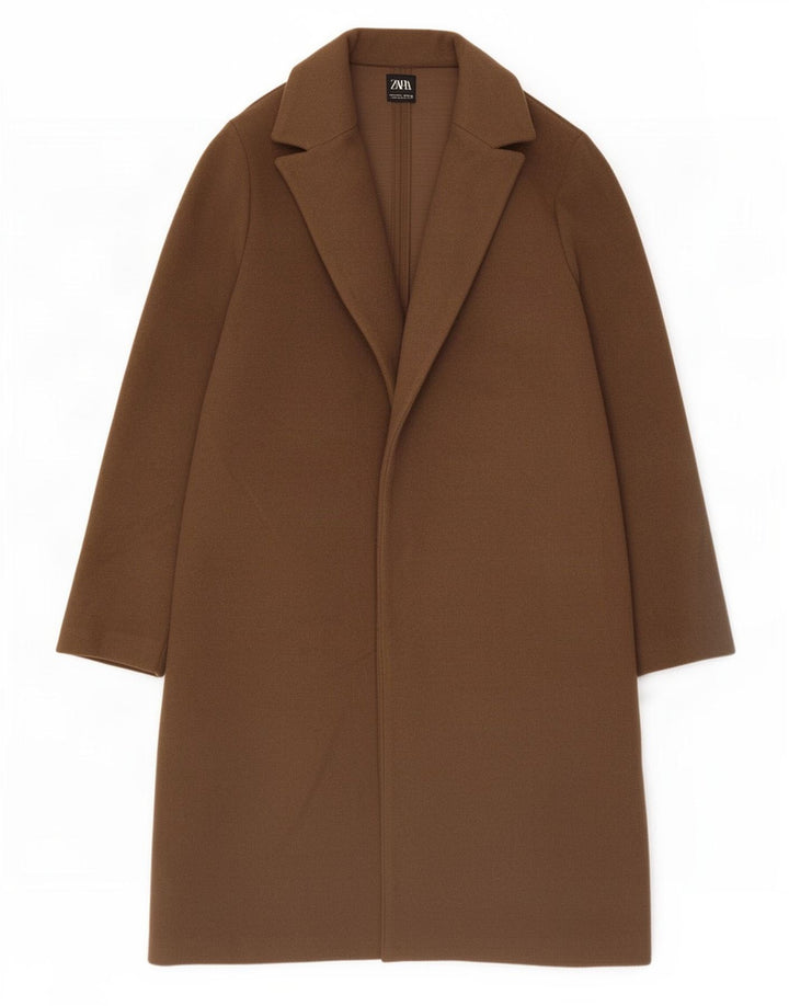 Sobretudo aberto feminino Zara UK 14 grande poliéster marrom