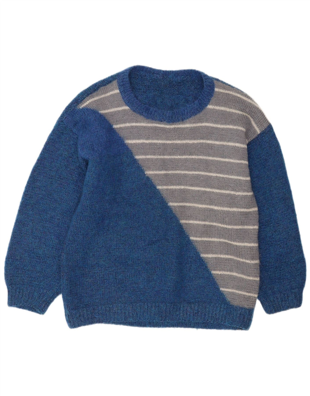 Suéter vintage masculino com gola redonda grande listrado azul