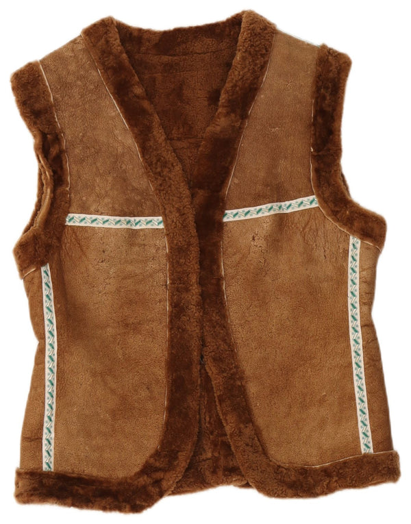 Colete Shearling Feminino Vintage UK 12 Médio Marrom Geométrico