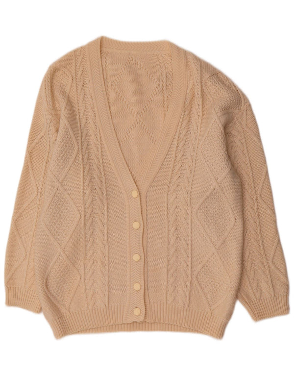Suéter cardigã feminino vintage Reino Unido 14 lã bege médio