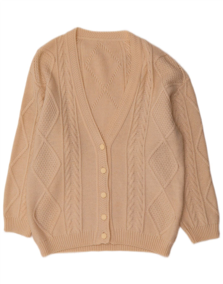 Suéter cardigã feminino vintage Reino Unido 14 lã bege médio