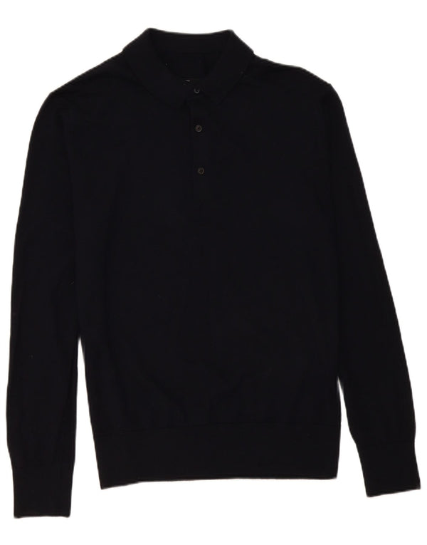 Suéter vintage masculino com gola polo, lã merino azul marinho médio