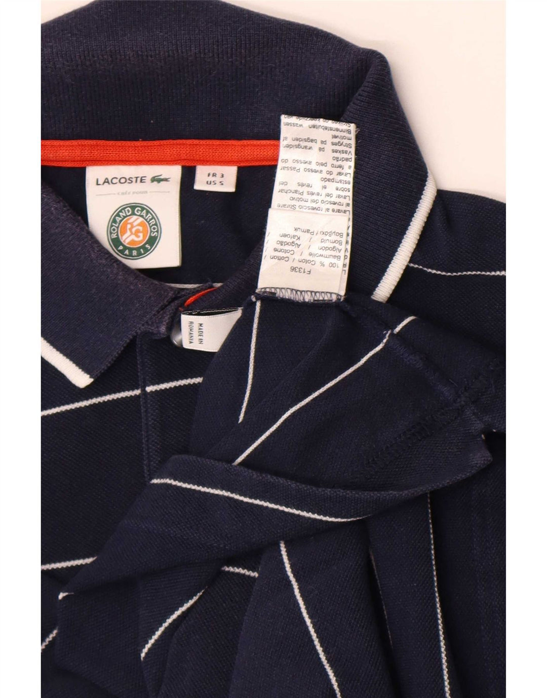 Camisa polo masculina Lacoste tamanho 3 pequeno algodão listrado azul marinho