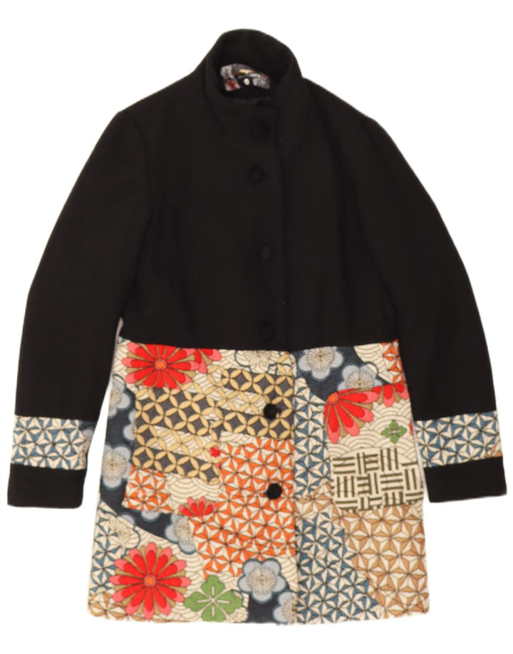 Sobretudo gráfico feminino Desigual EU 40 médio preto patchwork lã