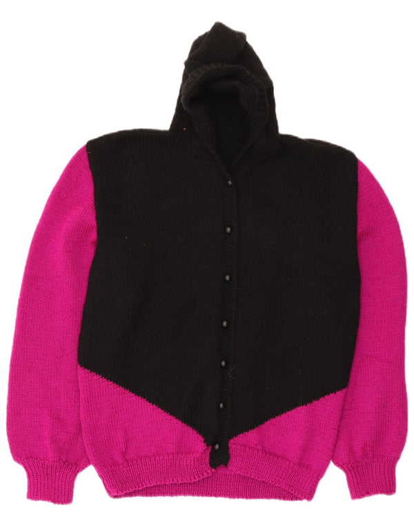 Suéter cardigã feminino vintage com capuz Reino Unido 14 bloco colorido preto médio