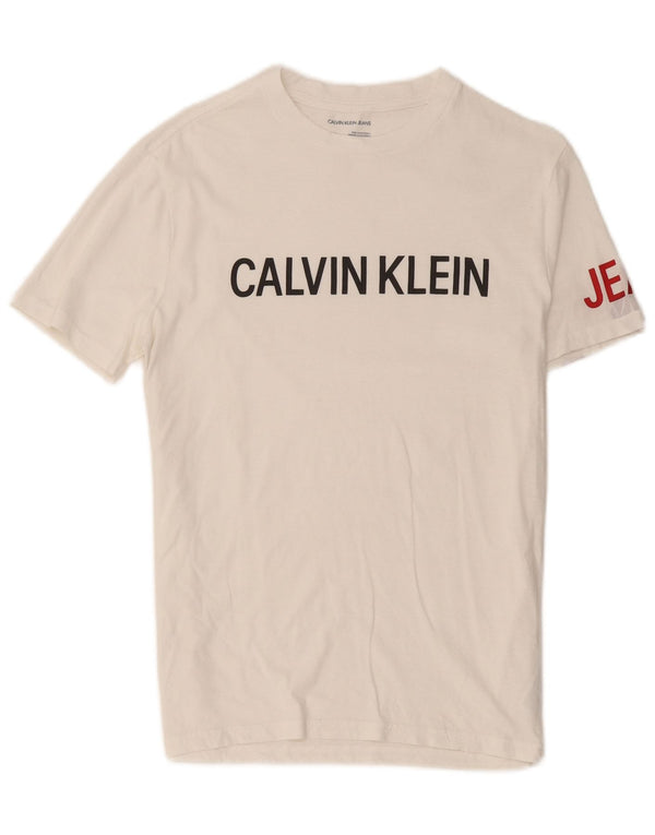 Calvin Klein Jeans Camiseta masculina gráfica top pequeno algodão branco