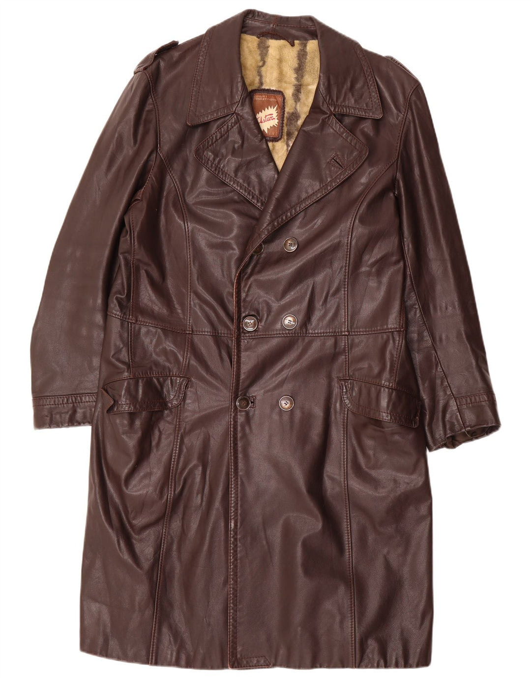 Casaco masculino vintage de couro militar com peito duplo Reino Unido 36 pequeno marrom