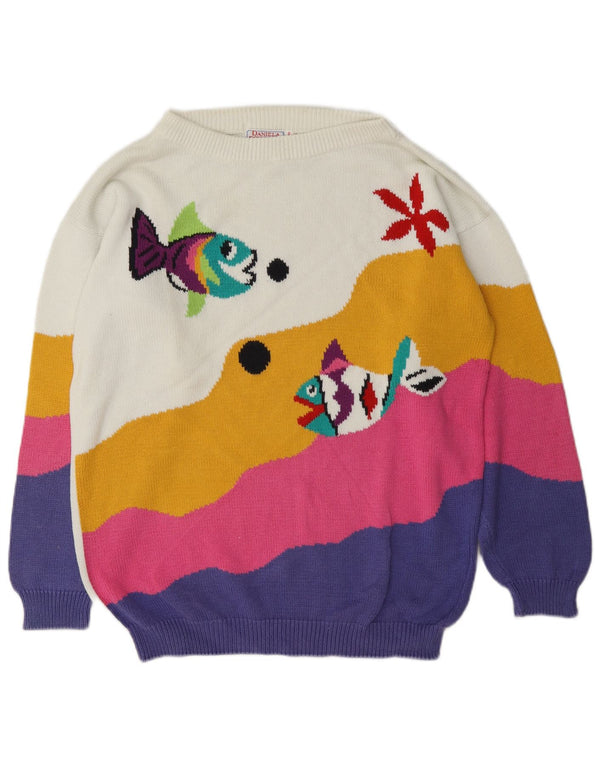 Suéter feminino vintage com gola canoa EU 46/48 XL branco colorblock
