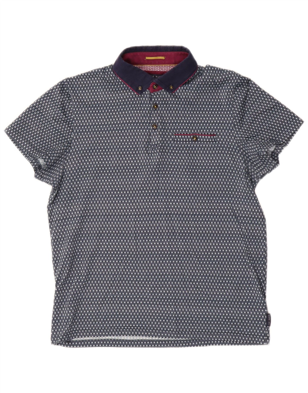 Camisa polo masculina Ted Baker tamanho 3 algodão geométrico azul médio