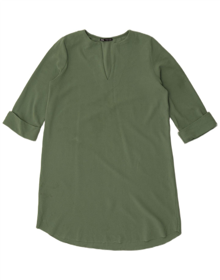 Zara vestido feminino manga 3/4 oversized shift UK 10 pequeno verde