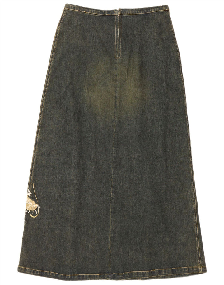 Saia jeans gráfica feminina VINTAGE Reino Unido 12 médio W30 algodão azul