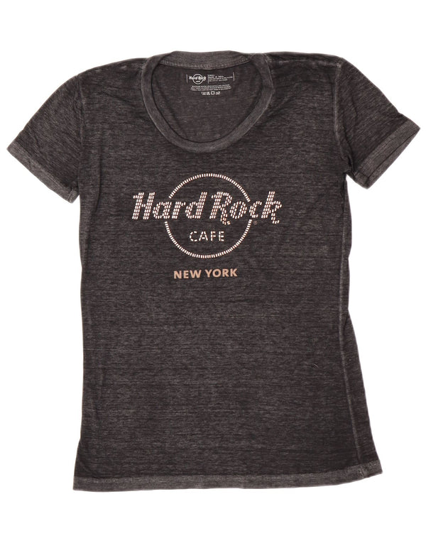 Camiseta feminina com estampa Hard Rock Cafe UK 10 algodão manchado cinza pequeno