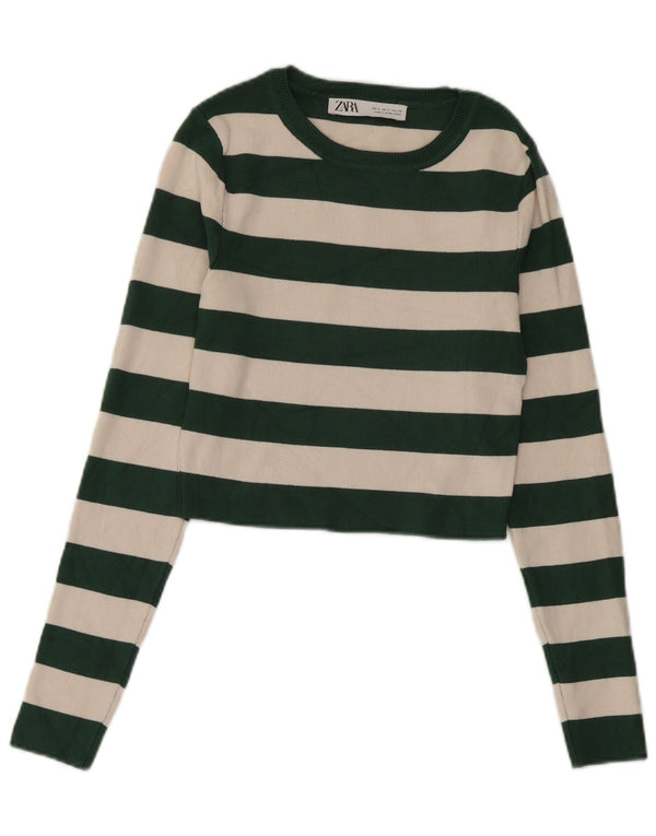 Top cropped feminino Zara manga comprida UK 12 viscose listrada verde médio