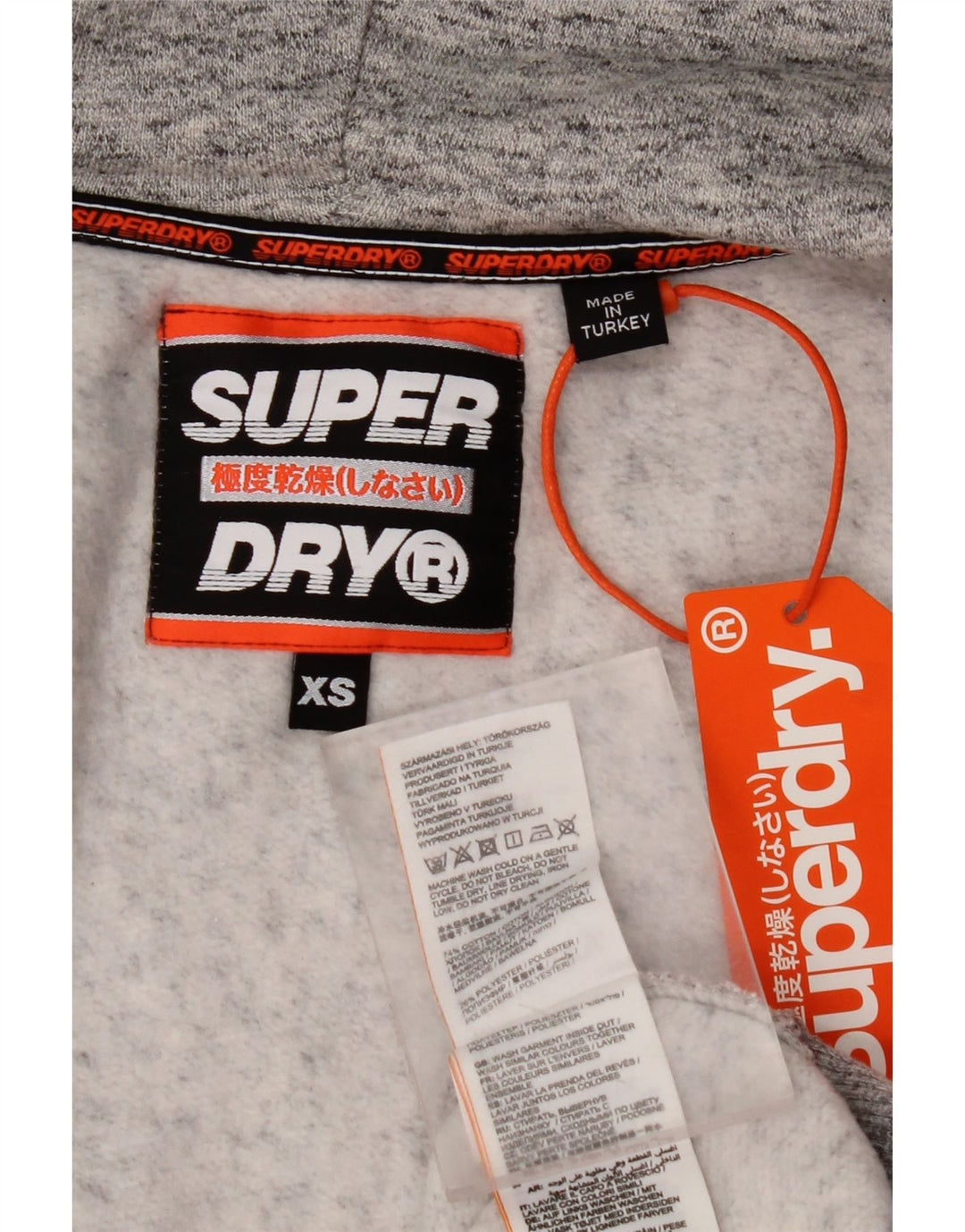 Suéter masculino SUPERDRY gráfico solto com capuz e zíper XS algodão manchado cinza