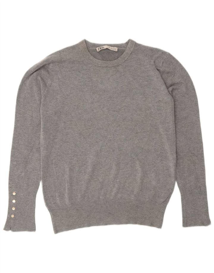 Zara Suéter feminino com gola redonda, Reino Unido 14, grande, cinza