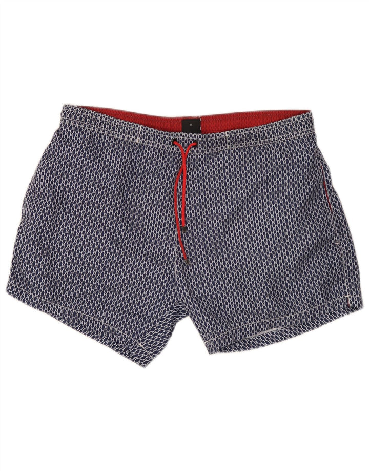 Shorts de natação masculino Hugo Boss gráfico médio azul marinho poliéster geométrico