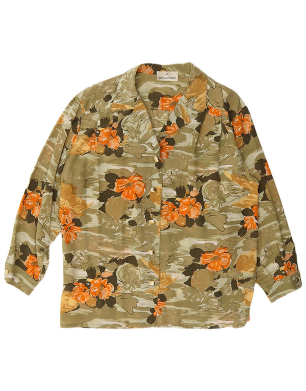 Blusa feminina Donna Enrica UK 14 grande cáqui floral