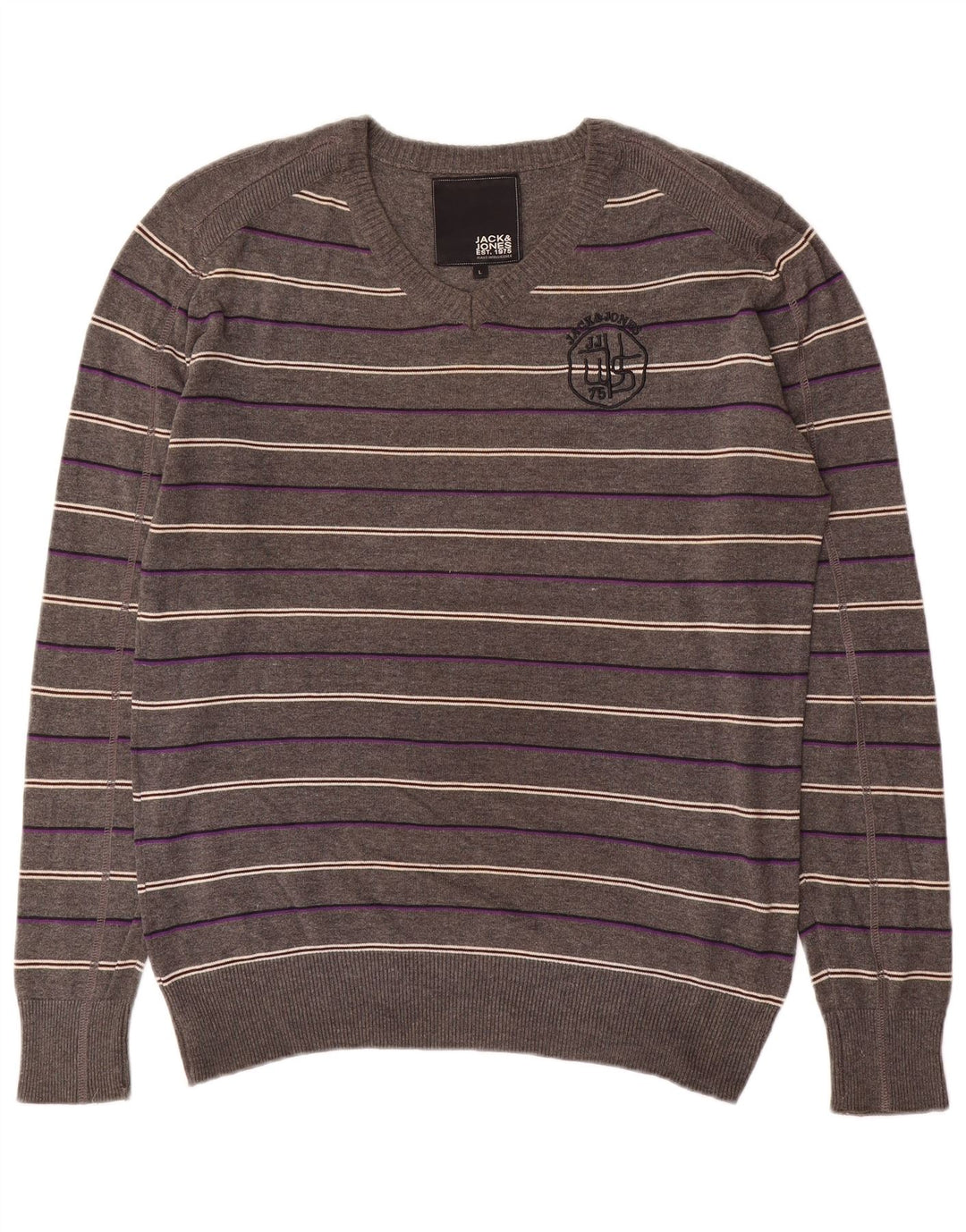 Jack & Jones Suéter masculino gráfico com decote em V grande listrado cinza