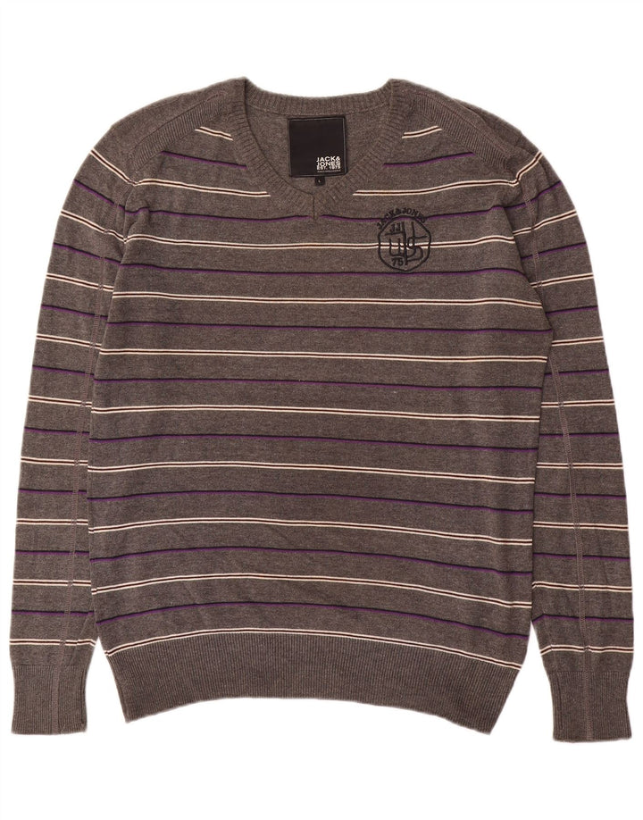 Jack & Jones Suéter masculino gráfico com decote em V grande listrado cinza