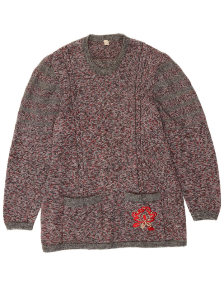 Suéter feminino VINTAGE com gola redonda UK 16 grande multicolorido manchado