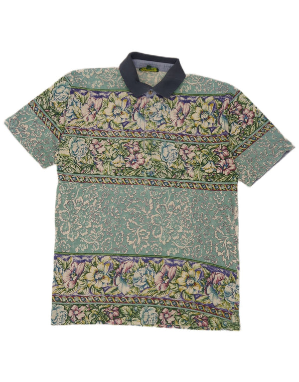 Camisa polo masculina vintage algodão floral verde médio