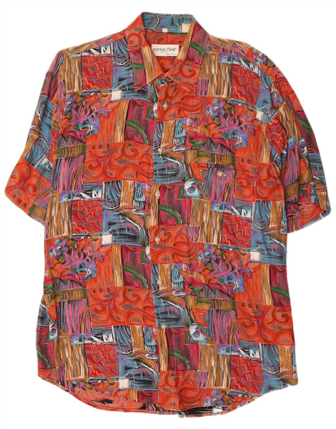 Camisa masculina vintage de manga curta com retalhos vermelhos médios