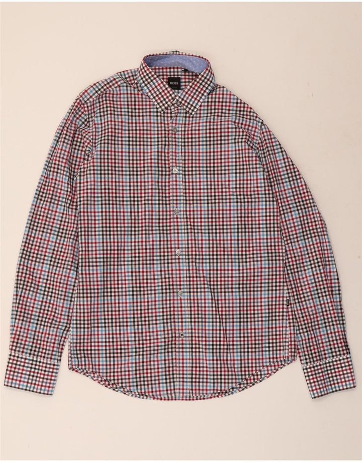 Camisa masculina slim fit HUGO BOSS de algodão guingão multicolorido médio