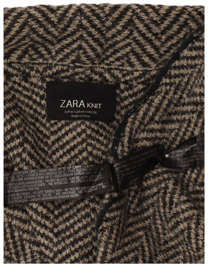 Zara Suéter Cardigan Aberto Feminino Reino Unido 14 Acrílico Espinha de Peixe Cinza Médio