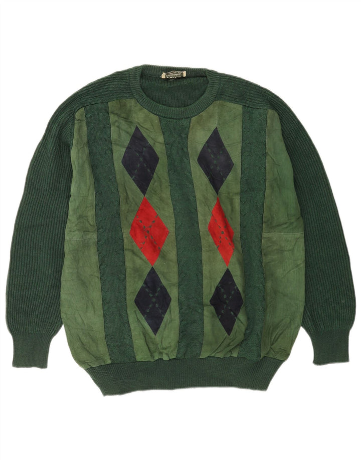 Suéter vintage masculino com gola redonda IT 52 grande verde argyle/diamante