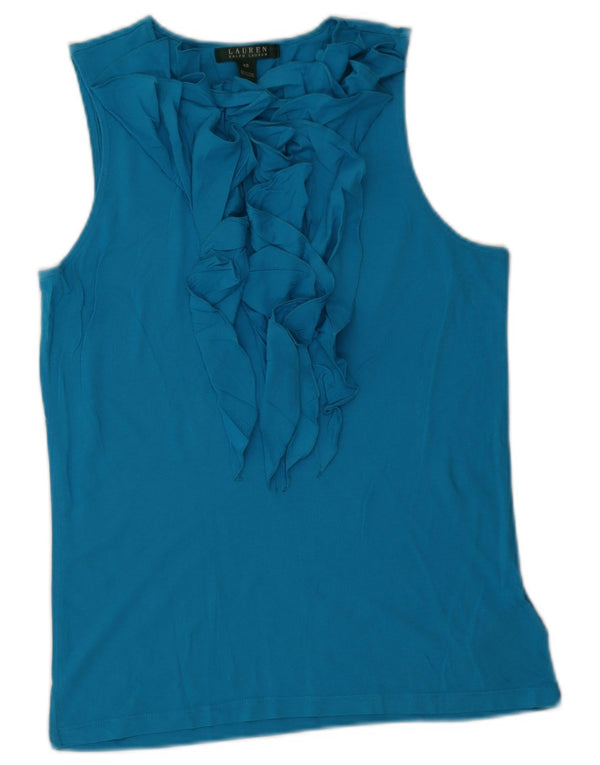 Blusa feminina Ralph Lauren com babados na frente sem mangas UK 6 XS algodão azul