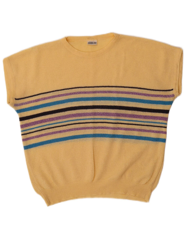 Suéter vintage feminino com gola canoa Reino Unido 16 listrado amarelo grande
