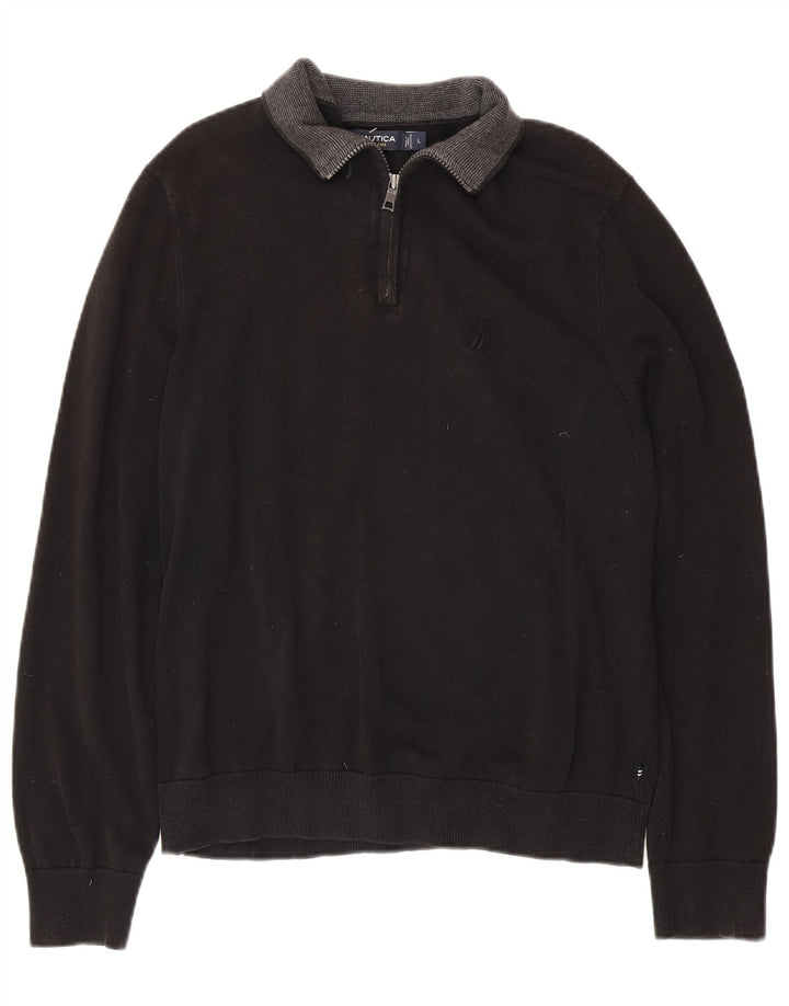 Suéter masculino NAUTICA com zíper e gola grande de algodão preto