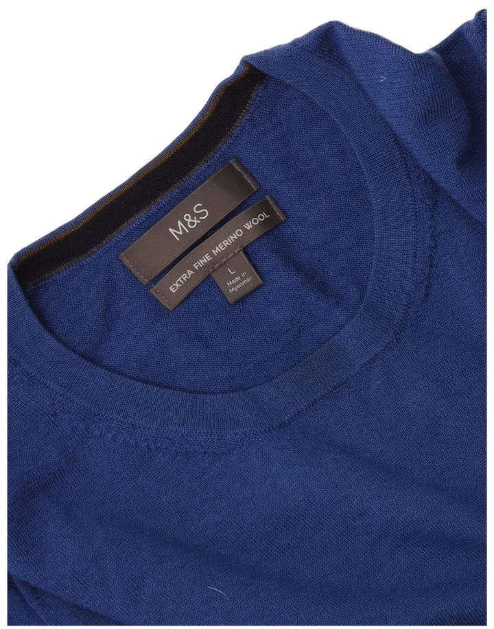 Suéter masculino Marks & Spencer com gola redonda, grande lã merino azul