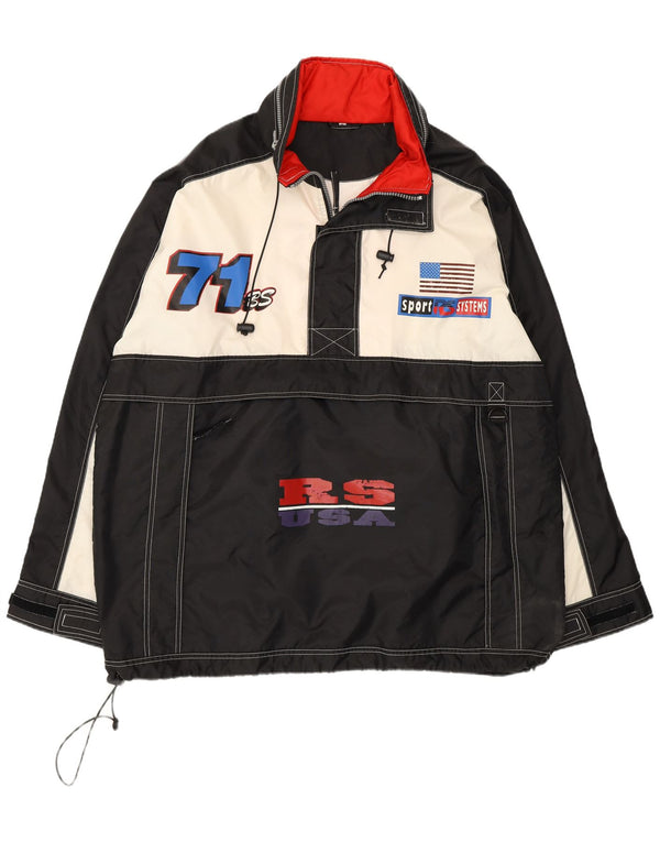 Jaqueta vintage masculina EUA com capuz gráfico Anorak Reino Unido 42 XL preto colorblock
