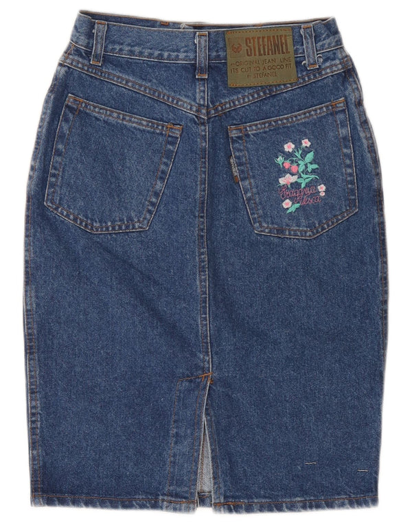 Saia jeans feminina Stefanel IT 40 pequena W26 algodão floral azul
